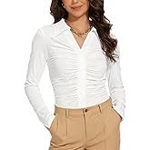 WUDODO Button Shirts for Women Ruched Long Sleeve Collared Casual Dressy Tops V Neck Blouse