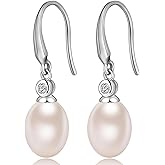 Jiamiaoi 18k White Gold Plated Pearl Earrings, 925 Sterling Silver Pearl Drop Earrings for Women, Trendy Hook Jewelry