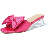Heiyom Women's Bow Tie Heeled Sandals Block Chunky Heeled Satin Slip on Mules Comfortable Wedding Bride Dressy Shoes for Wide Feet Hot Pink 42 US9.5