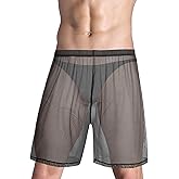 JINSHI Men’s Mesh See Through Boxer Shorts Sexy Sheer Long Boxers Briefs Transparent Shorts Loose Lounge Sleepwear Underpants
