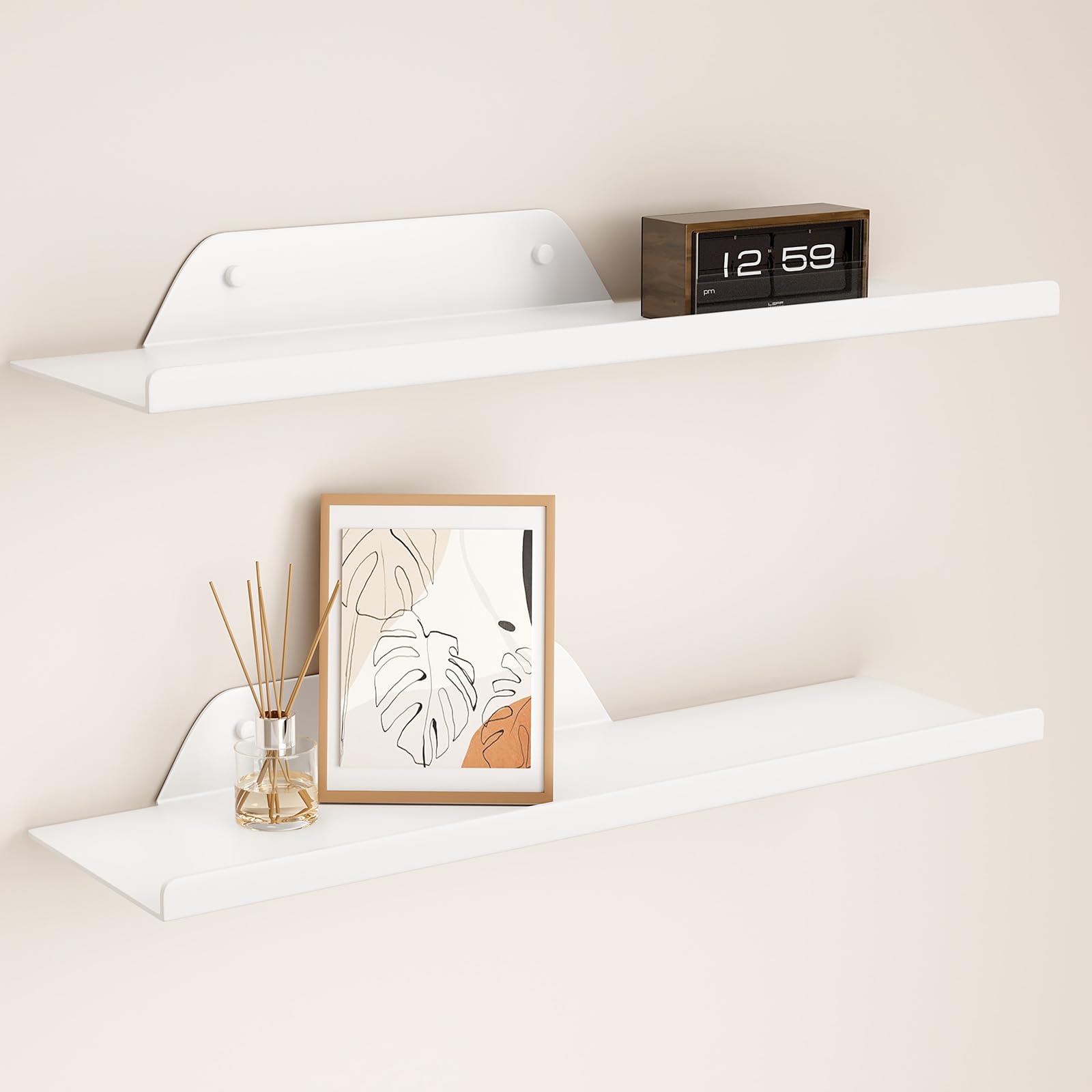 Photo 1 of Floating Shelves for Wall, Off Center Metal Shelves for Living Room, White Floating Shelves for Wall Decor, 16” Hanging Shelves for Bedroom Bathroom Kitchen Plants(2 PCS)