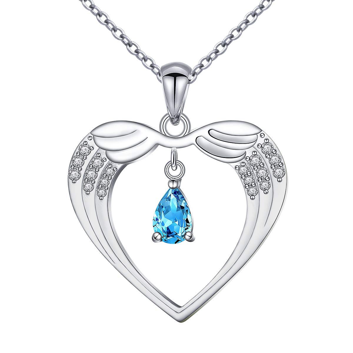 Flyow Christmas Gifts Jewelry Angel Wing Necklace with Dangle Teardrop Pendant Tear of Angel Heart Necklace 925 Sterling Silver Jewelry, Adjustable Chain 18+2 Inches