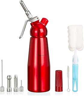 Amazy Sahnespender inkl. 5 Edelstahl Tüllen + 2 Reinigungsbürsten – Profi Sahnesyphon aus Aluminium für die Zubereitung von Schlagsahne, Creme, Mousse, Espuma & Co. (Rot | 500 ml)