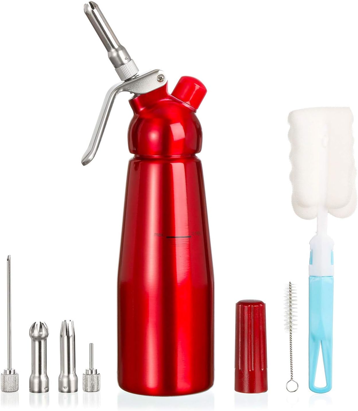 Amazy Sahnespender inkl. 5 Edelstahl Tüllen + 2 Reinigungsbürsten – Profi Sahnesyphon aus Aluminium für die Zubereitung von Schlagsahne, Creme, Mousse, Espuma & Co. (Rot | 500 ml)