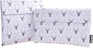Ava & Kings Reusable Eco Friendly Lunch Food Sandwich Fabric Snack Bags Insulated- Great for School, Work, Picnics, Men & Women - Set of 2: 7x7 in & 6x9 in - White Deer & Arrow Design