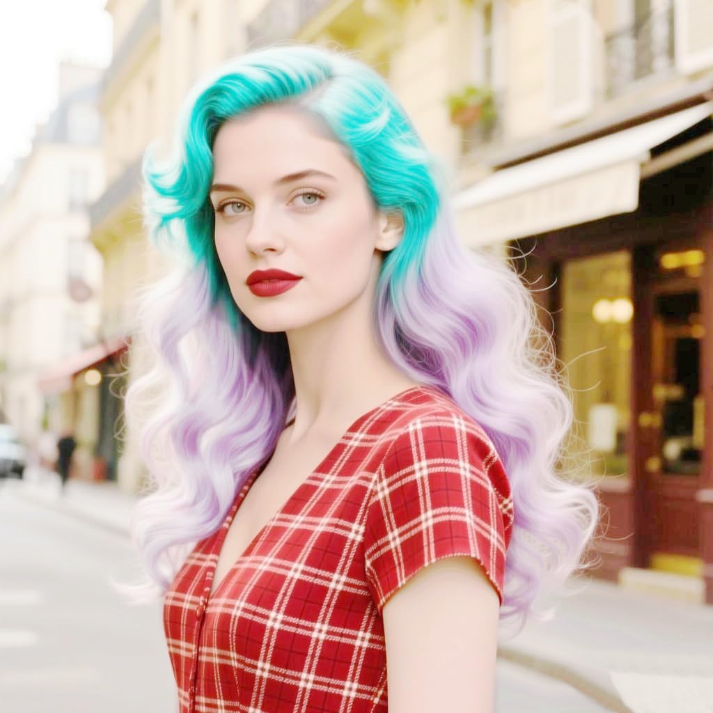 24" Mermaid Green Ombre Purple Synthetic Lace Front Wigs for Women Heat Resistant Long Wave Purple Ombre Green Wig Halloween Cosplay Party Use Wigs Drag Queen Free Part