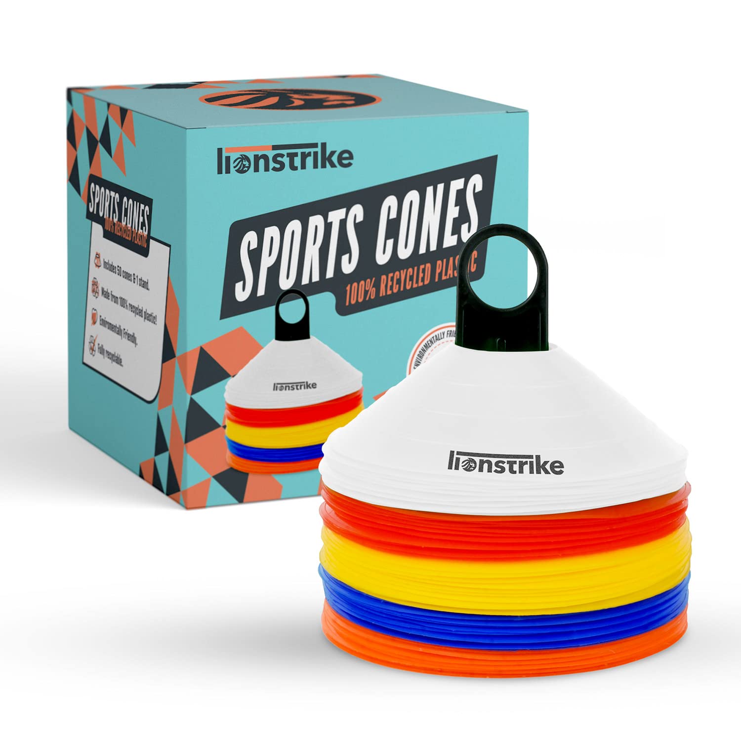 Lionstrike Football/Sports Cones Set - 50 Training Cones plus Carry Stand – Environmentally-friendly training equipment, made from 100% recycled plastic