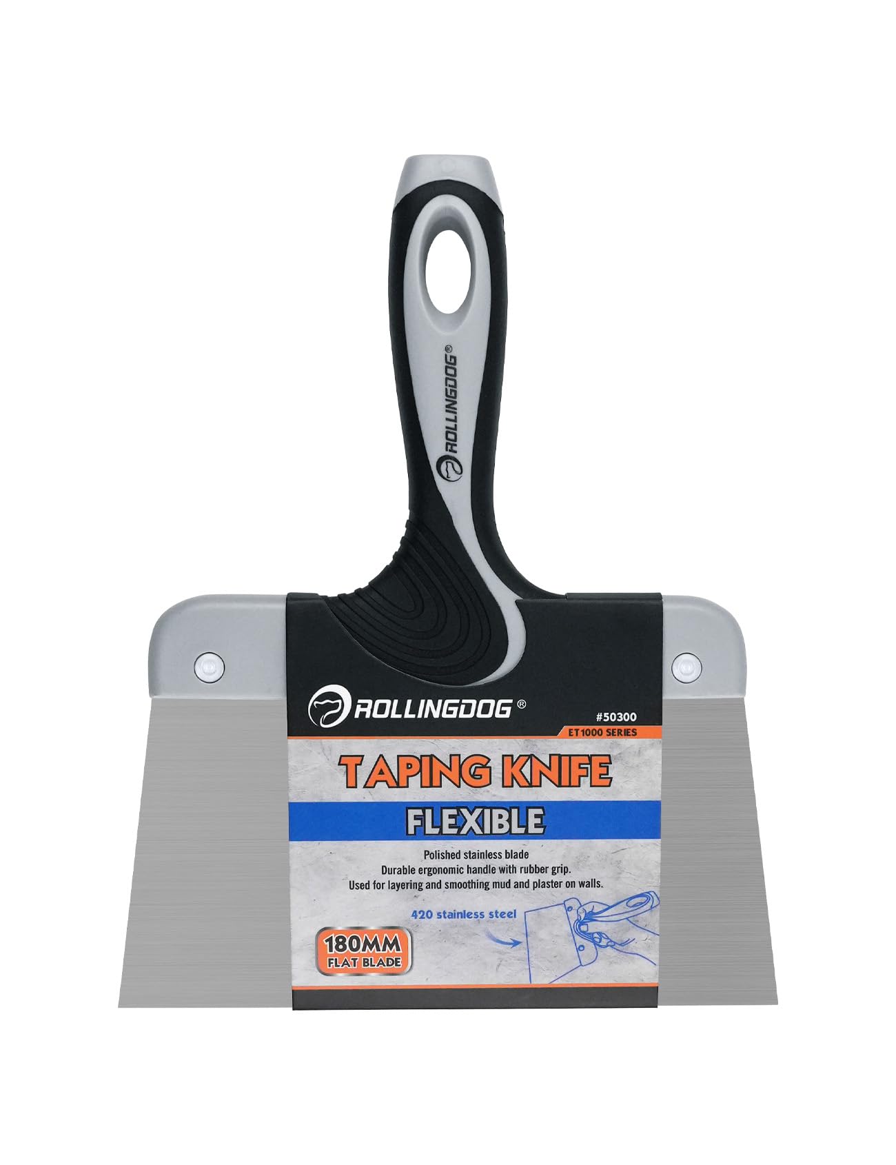 ROLLINGDOG Taping Knife Stainless Steel 180 mm - Flexible Filling Knife Scraper Spackle Tool for Plastering, Scraping, Cleaning Surfaces, Applying and Smoothing Compound