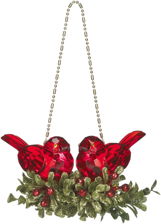Kissing Krystal 5" Kissing Kyrstal Ball Ornament, Double Cardinal Bird Mistletoe, Red - Wedding Acrylic