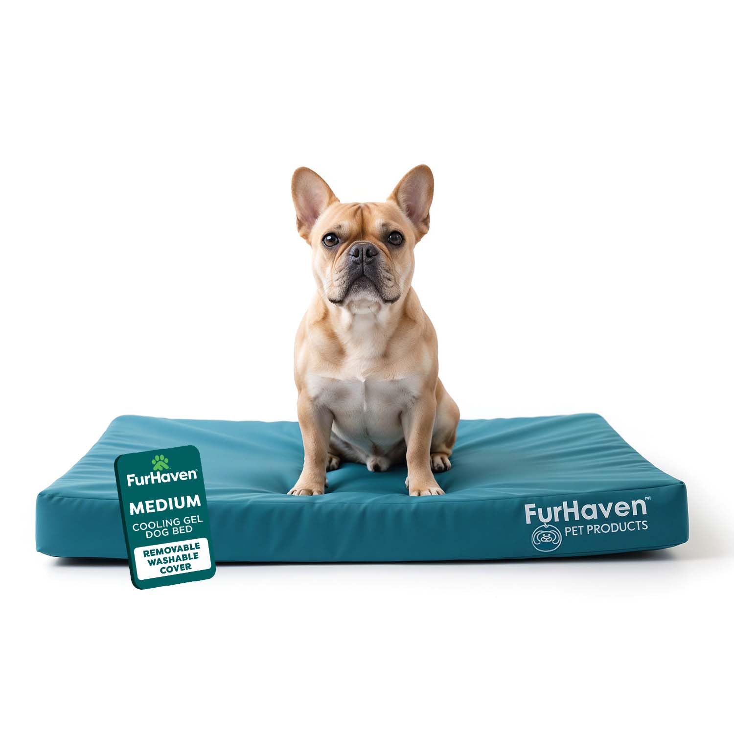 FurHaven Water-Resistant Cooling Gel Dog Bed for Medium/Small Dogs w/Removable Washable Cover, For Dogs Up to 35 lbs - Indoor/Outdoor Logo Print Oxford Polycanvas Mattress - Deep Lagoon, Medium