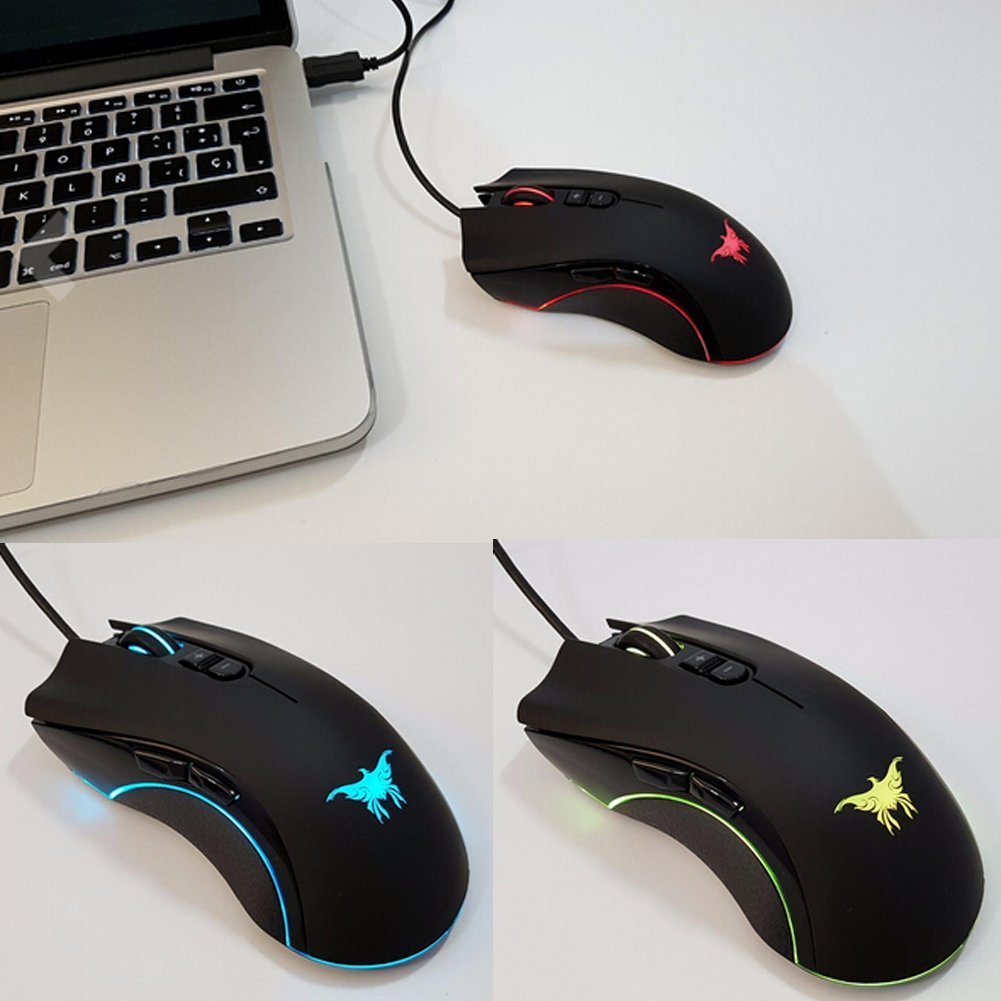 Combaterwing CW10 4800 dpi Wired Gaming Mouse Mice 7 LED colores cambiantes respiración diseño 6 botones de alta precisión para Gamer PC MAC(Negro)