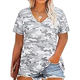 CARCOS Womens Plus Size Tops Basic Summer Shirts Short Sleeve V Neck Tunics Casual T-Shirt Loose Fits XL-5XL