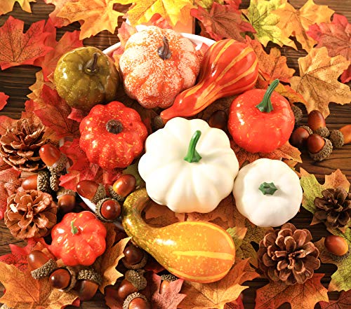 VIGEIYA 134 Pcs Thanksgiving Artificial Pumpkins Autumn Gourds Maple Leaves Pine Cones Harvest Party Decorations - Thumbnail 7