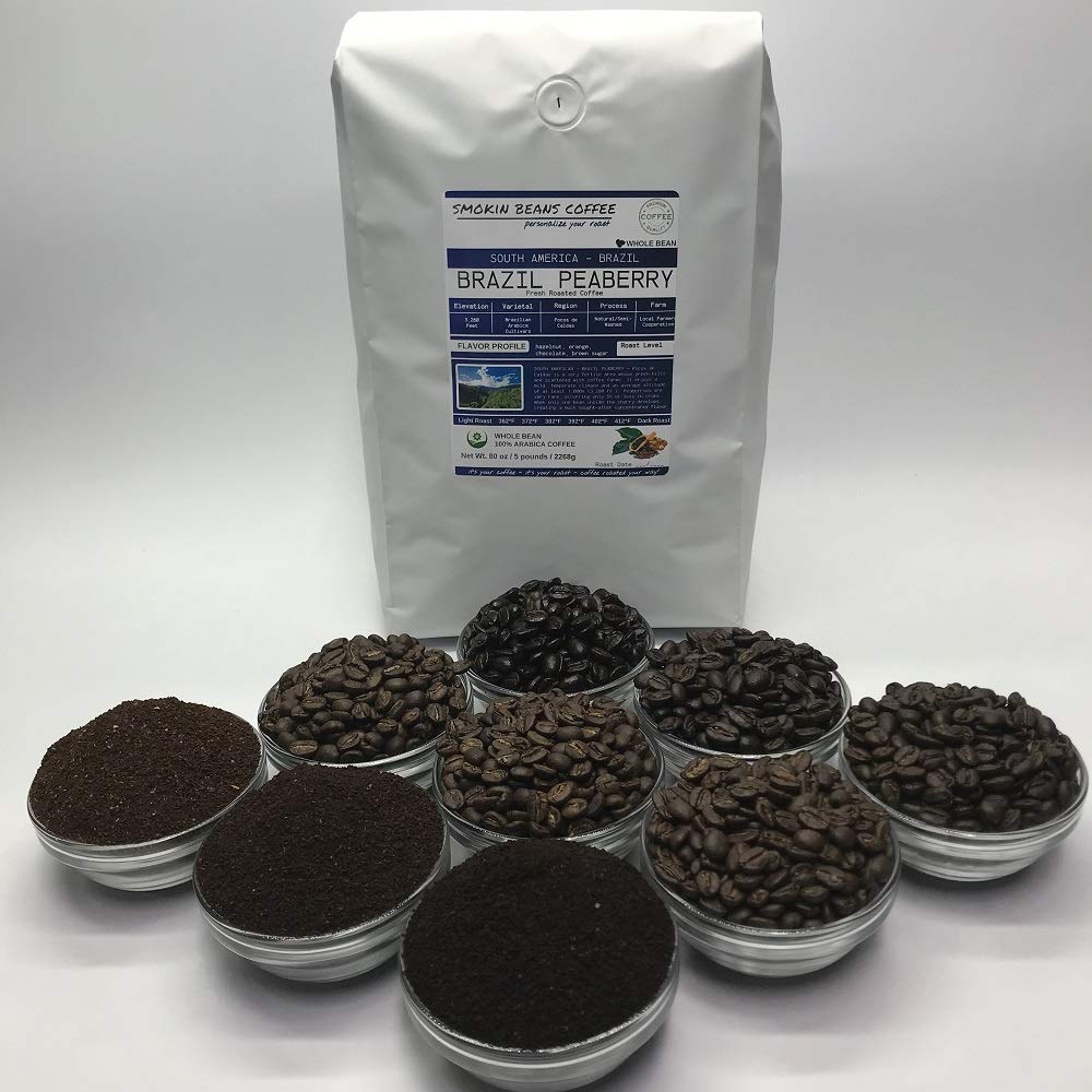 Smokin Beans 5-Pound Brazil Peaberry Freshly Roasted Coffee, Semi-Washed Processing, Full City Roast, Premium Whole Bean Specialty Coffee
