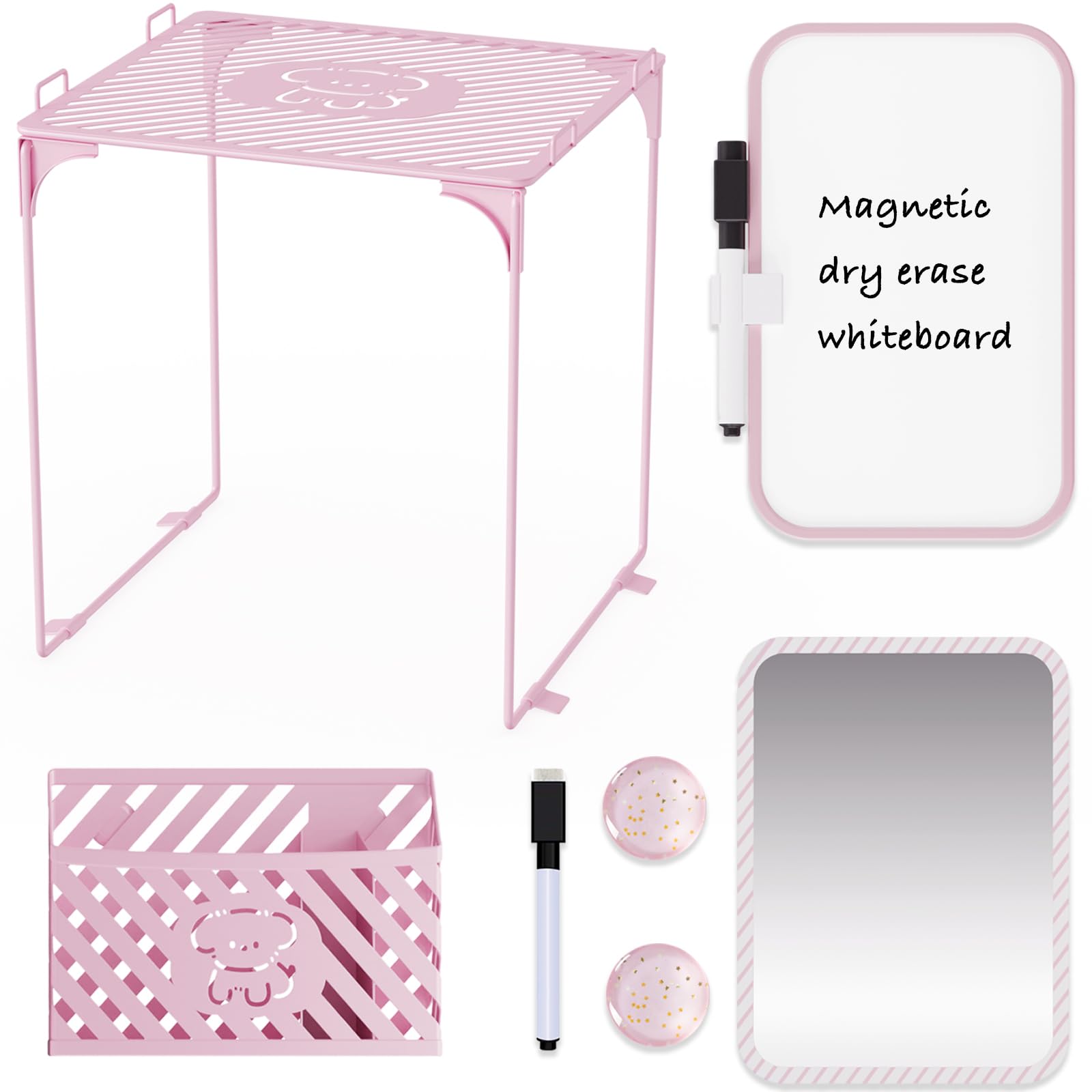 Photo 1 of Svartur Cute Locker Accessories with Locker Shelf, Magnetic Mirror, Magnetic Pen Holder, Magnetic Small Whiteboard, Back to School Essentials Locker Decorations, 7 Piece Locker Organizer, Pink