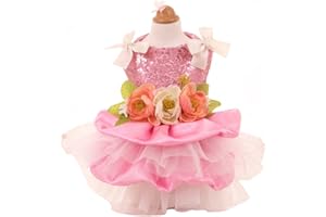 MaruPet Elegant Princess Lace Flower Fairym Dress Silky Tutu with Bowknot for Small, Extra Small Dog Teddy, Pug, Chihuahua, Shih Tzu, Yorkshire Terriers Pink S