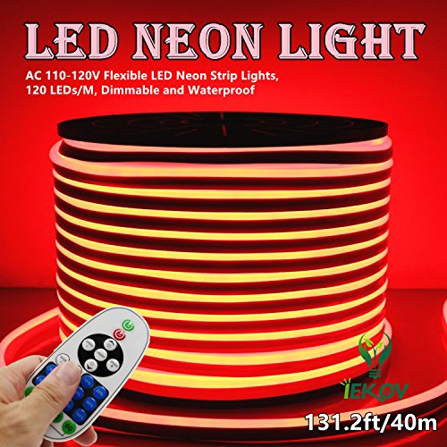 LED NEON Light, IEKOVTM AC 110-120V Flexible LED Neon Strip Lights, 120 LEDs/M, Dimmable, Waterproof 2835 SMD LED Rope Light + Remote Controller for Home Decoration (131.2ft/40m, Red)
