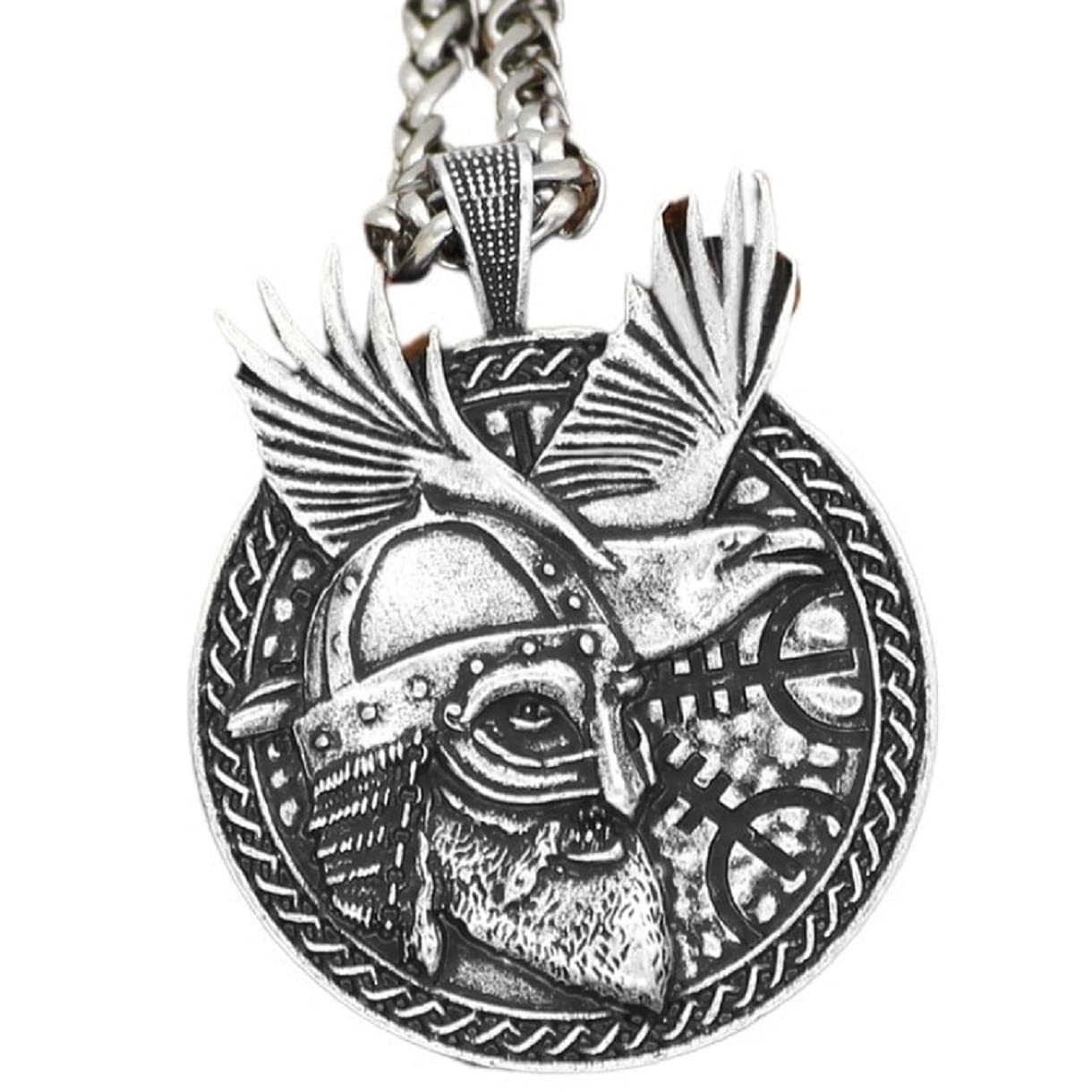 Nordic Viking Odin Helmet Amulet Necklace for Men, Hip Hop Flying Hawk Necklace Viking Valknut Runes Necklace for Boys (Silver)