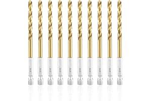 amoolo 3/16 Twist Drill Bit Set, 10Pcs Titanium HSS Hex Shank Impact Drill Bit Set for Metal, Steel, Wood, Plastic, Quick Cha