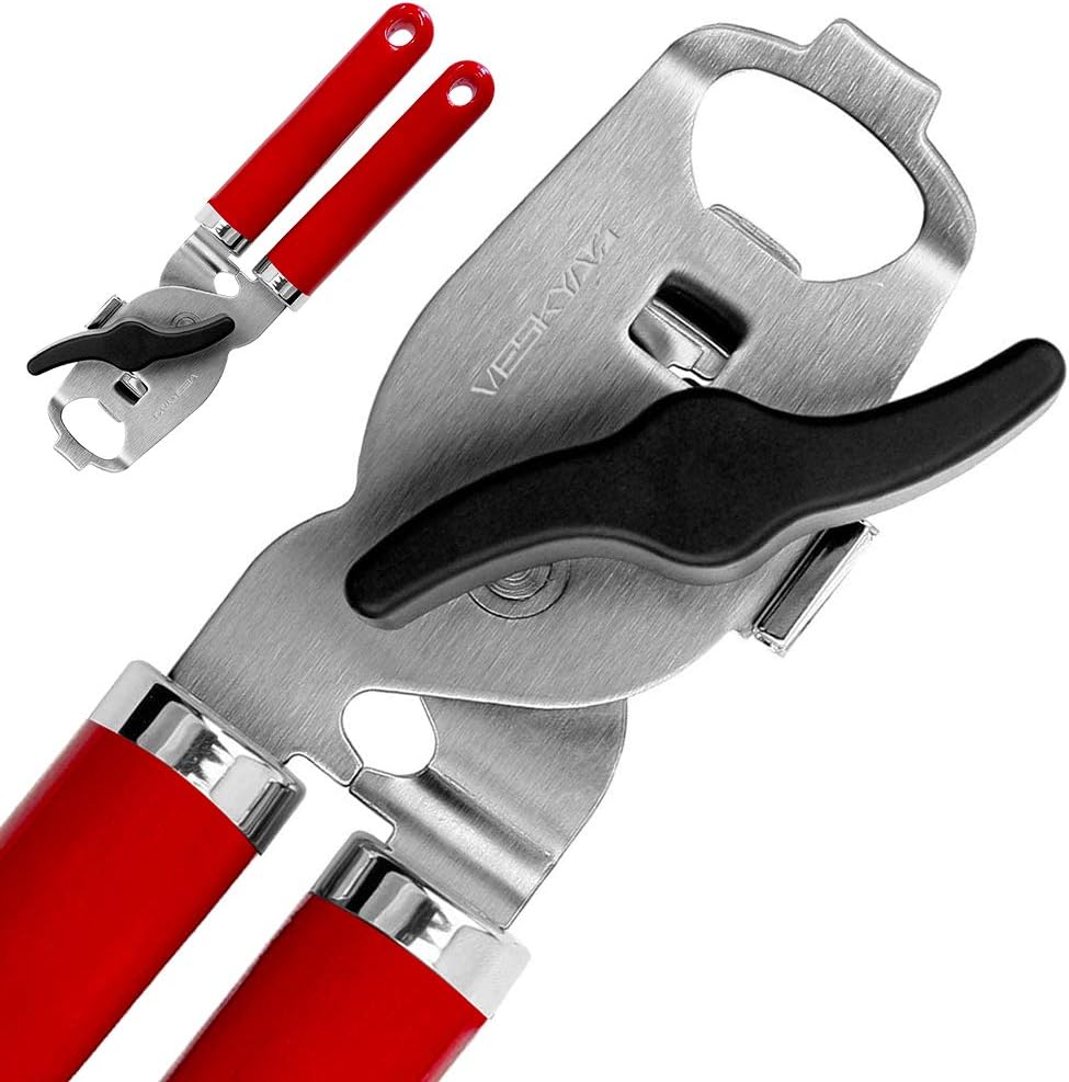 VESKYAO Dosenöffner, 4-in-1 Manuell Dosenöffner Flaschenöffner, Sicherheits Edelstahl Büchsenöffner, Deckelöffner und Kapselheber in Eins für Küche, Ergonamischer Griff
