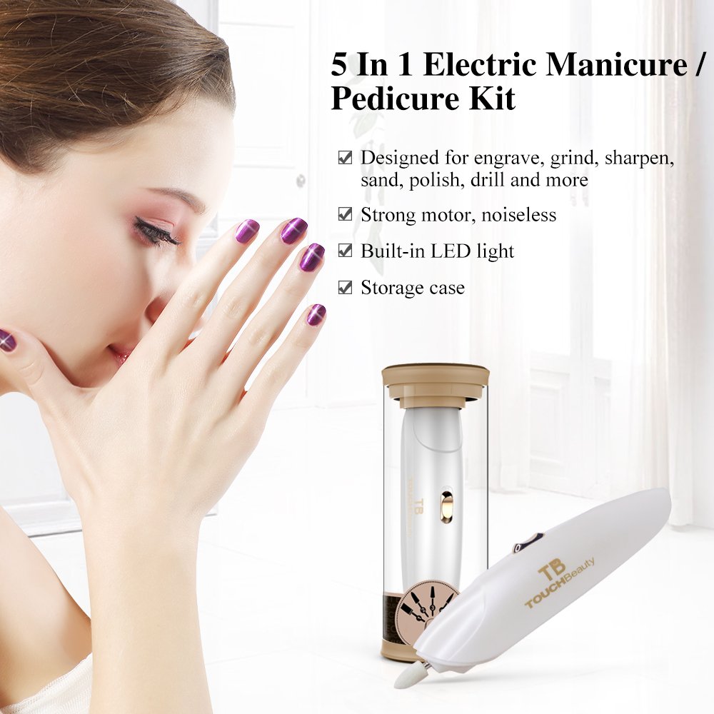 TOUCHBeauty Professional Manicure Pedicure System Nail File Drill Buffer Set Acrylic Nail Tools with LED Light (Delicate Gift Package Version) Golden TB-1333