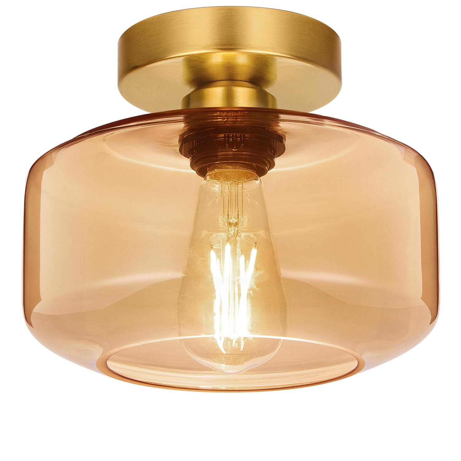 Lynnoland Industrial Semi Flush Mount Ceiling Light Brushed Gold, Amber Glass Shade Ceiling Light Fixture,Amber Light Fixture for Hallway Bathroom Bedroom, Vintage Hanging Light Fixtures Image