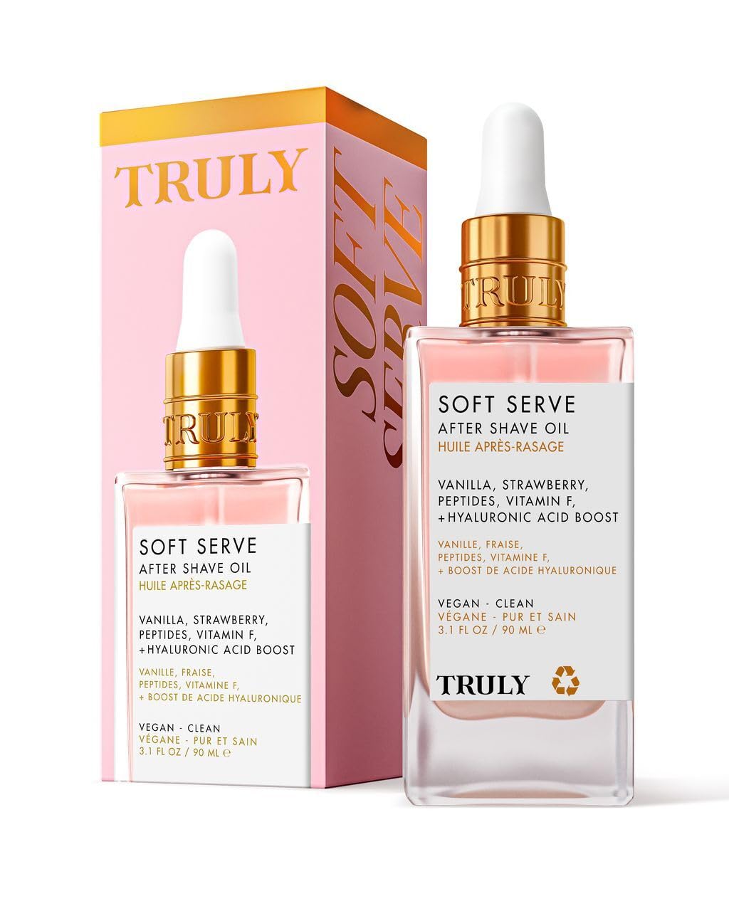 Truly Beauty Soft Serve After Shave Oil | Hydrating Treatment for Ingrowns & Irritation | Peptides, Hyaluronic Acid & Strawberry Extract | Soothes & Smooths Skin | Strawberry Vanilla Scent (3.1 Fl Oz) Image