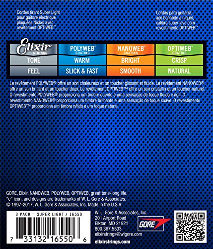 Elixir Strings 16550 Guitar Strings with OPTIWEB Coating, 3 Pack, Super Light (.009-.042)