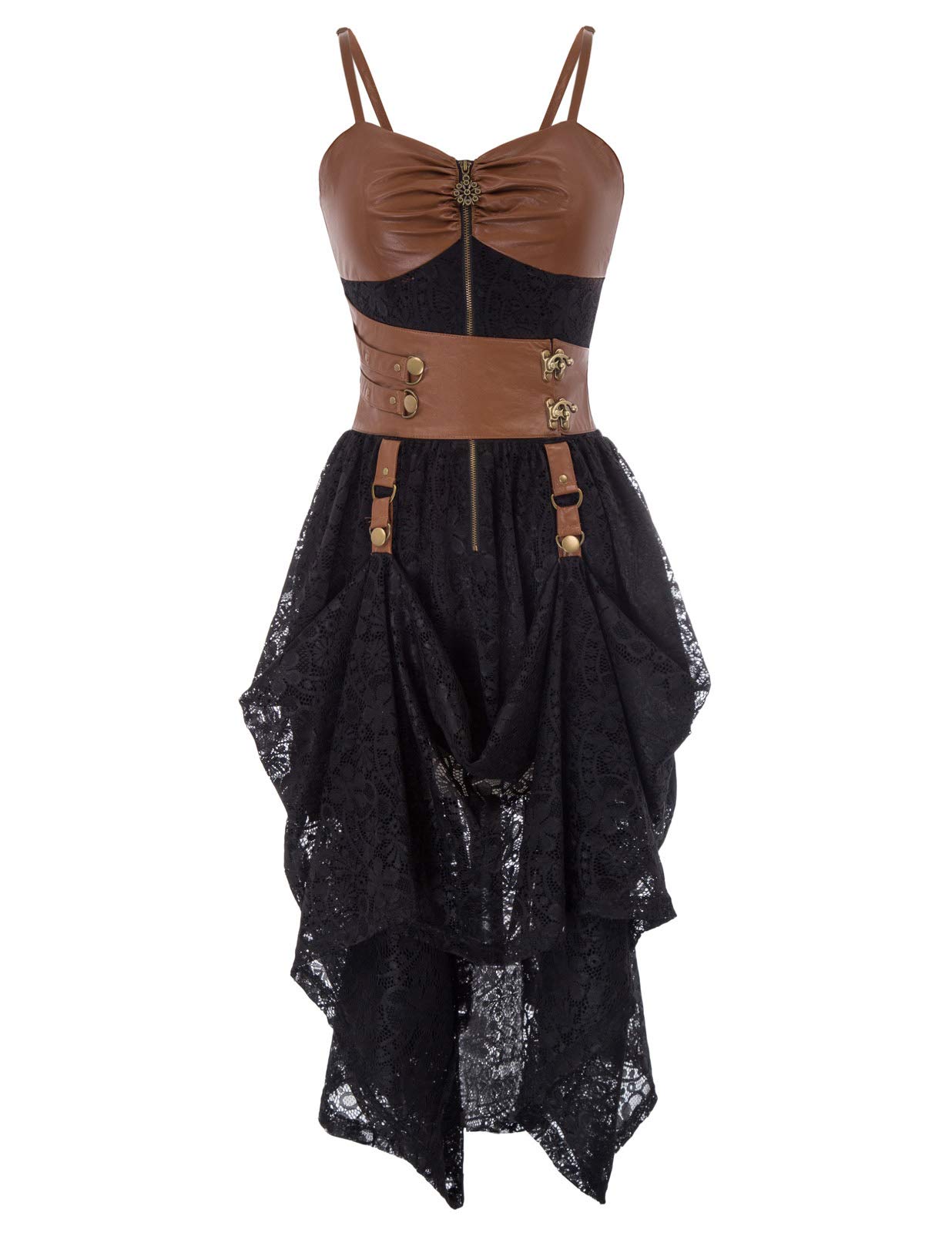 Women’s Retro Dress Gothic Victorian Fancy Dress Faux Leather Lace Halloween Corset Dress XL Black+Brown