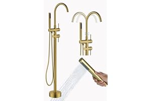 Freestanding Bathtub Faucet Floor Mount Tub Filler Brush Gold, OMEKNTOP Modern Freestanding Tub Faucet with 360 Swivel Goosen