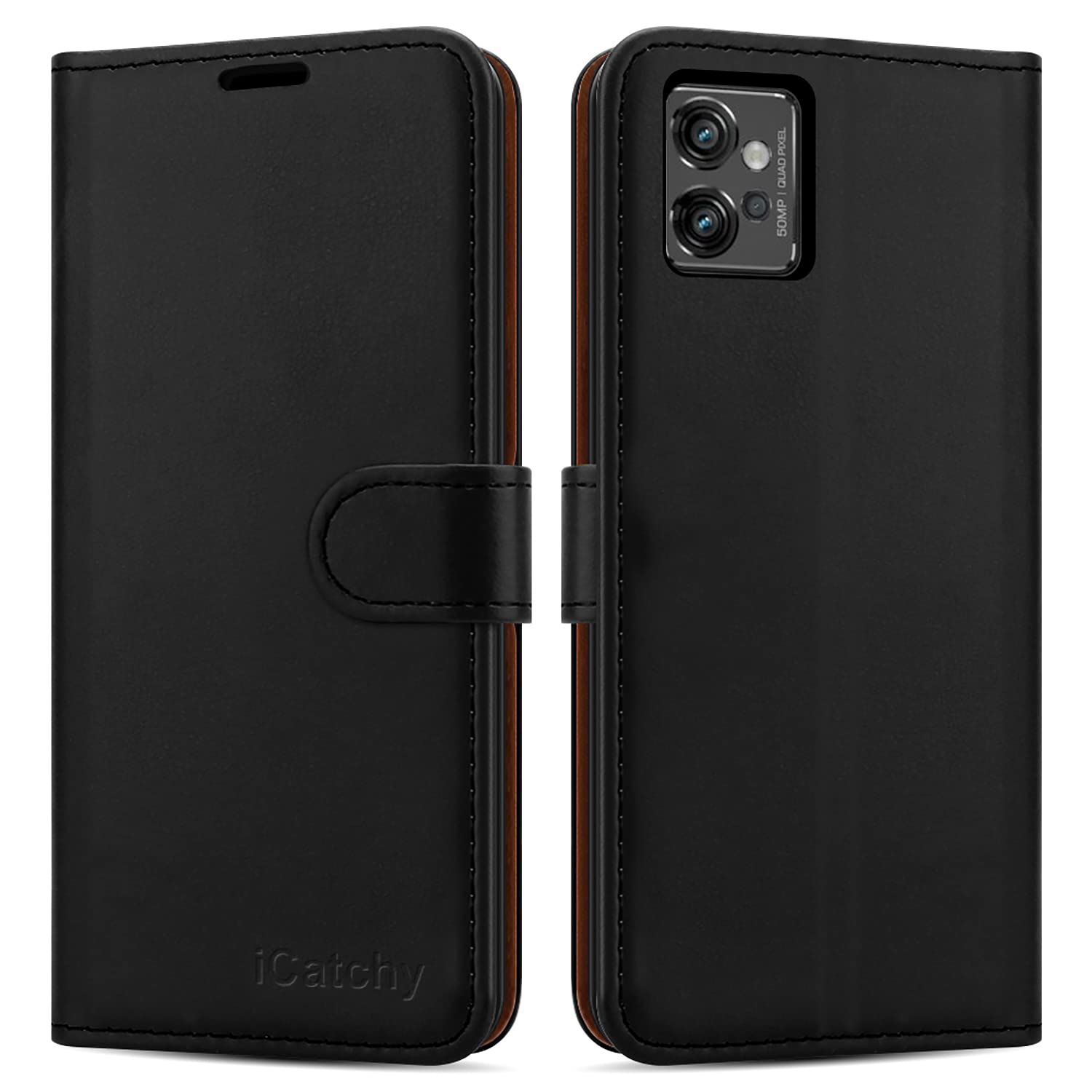 iCatchy for Motorola Moto G32 Case Leather Wallet Book Flip Folio Kickstand View Card Slots Full Protection Cover for Moto G32 Phone (Black)