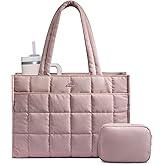 LOVEVOOK Tote Bag for Women, Puffer Work Handbag 17 Inch Laptop Purse for Nurse Teacher, Large Quilted Travel Tote Shoulder Bag with Zipper for College Office Clinical Gym, Black