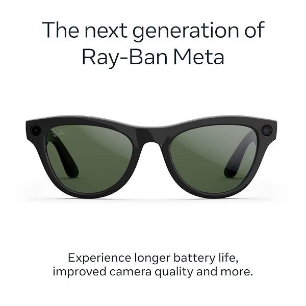RAY-BAN META (GEN 2), SKYLER, SHINY BLACK | SMART AI GLASSES FOR MEN, WOMEN — 2X BATTERY LIFE — 3K ULTRA HD RESOLUTION — 12 MP ULTRA-WIDE CAMERA, AUDIO, VIDEO — GREEN LENSES — WEARABLE TECHNOLOGY