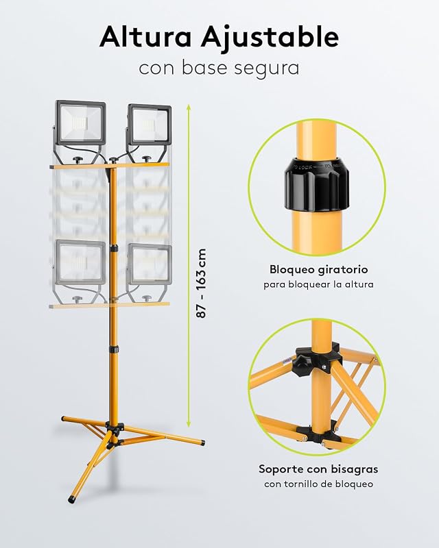 Holofote LED para Construção 49984 - Holofote telescópico de construção (cabeça dupla, para uso interior e exterior, tripé metálico, luz branca fria), preto, amarelo, 2x 50 watts