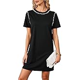 winkbay Women's Pearl Mini Tshirt Dress Summer Short Sleeve Crew Neck Elegant Casual Shift Dresses