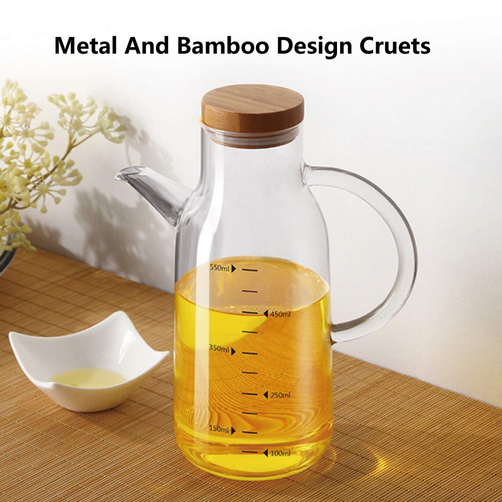 NORTHOME Olive Oil Dispenser Glass Bottle Cruet 18 oz Lead-Free with Stainless Steel lid and Vinegar Bottles for Kitchen Cooking Container set (18oz, Bamboo Lid)