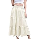 HUSKARY Women Summer Midi Skirt Casual Elastic High Waist Pleated A-Line Flowy Swing Tiered Beach Vacation Skirts