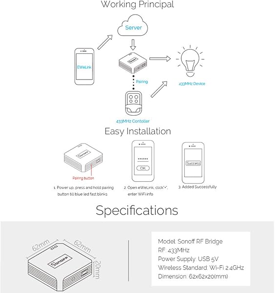 Kedelak RF Bridge 433MHZ Wifi Inalmbrico Inteligente Wi Fi Controlador de RF remoto Interruptor del mdulo de automatizacin para Smart Home Security Compatible con Alexa Google Home