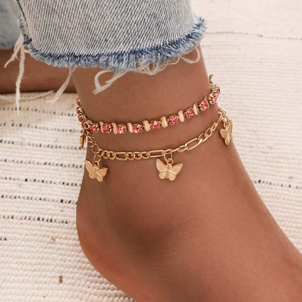 Cnebo 2Pcs Butterfly Ankle Bracelet, Gold Plated Cubic