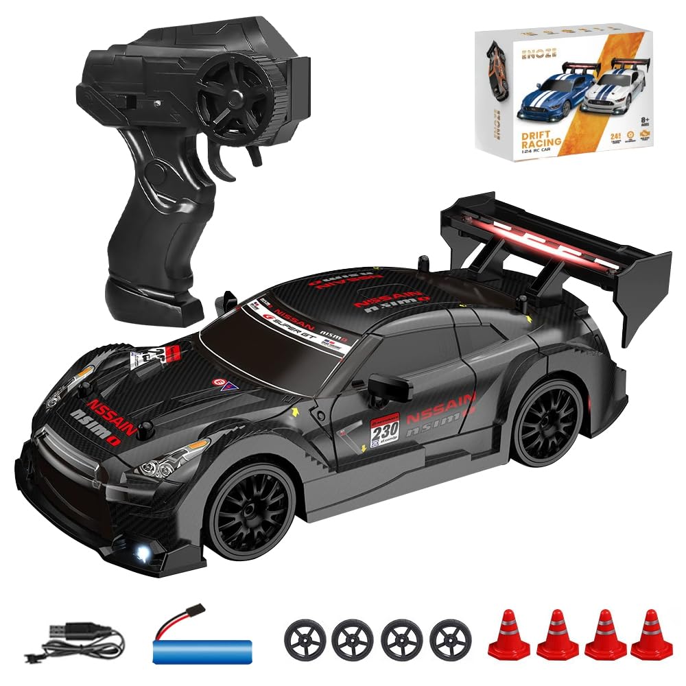 KBIBCK RC Drift Car 1:24, 2.4Ghz Remote Control Car with Cool Lighting, 30km/h High Speed 4WD Racing RC Drifting Cars, Rechargeable Mini RCDrift Cars, Gifts for Kids Adults, for Drift and Race (Black)