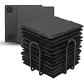 12 Pack Slate Drink Coasters with Metal Holder, VIBRATITE 4 Inch Black Slate Stone Coasters Bulk Laser Engraving Blanks with Anti-Scratch Bottom for Drink Coffee Bar Kitchen Home Decor, Square