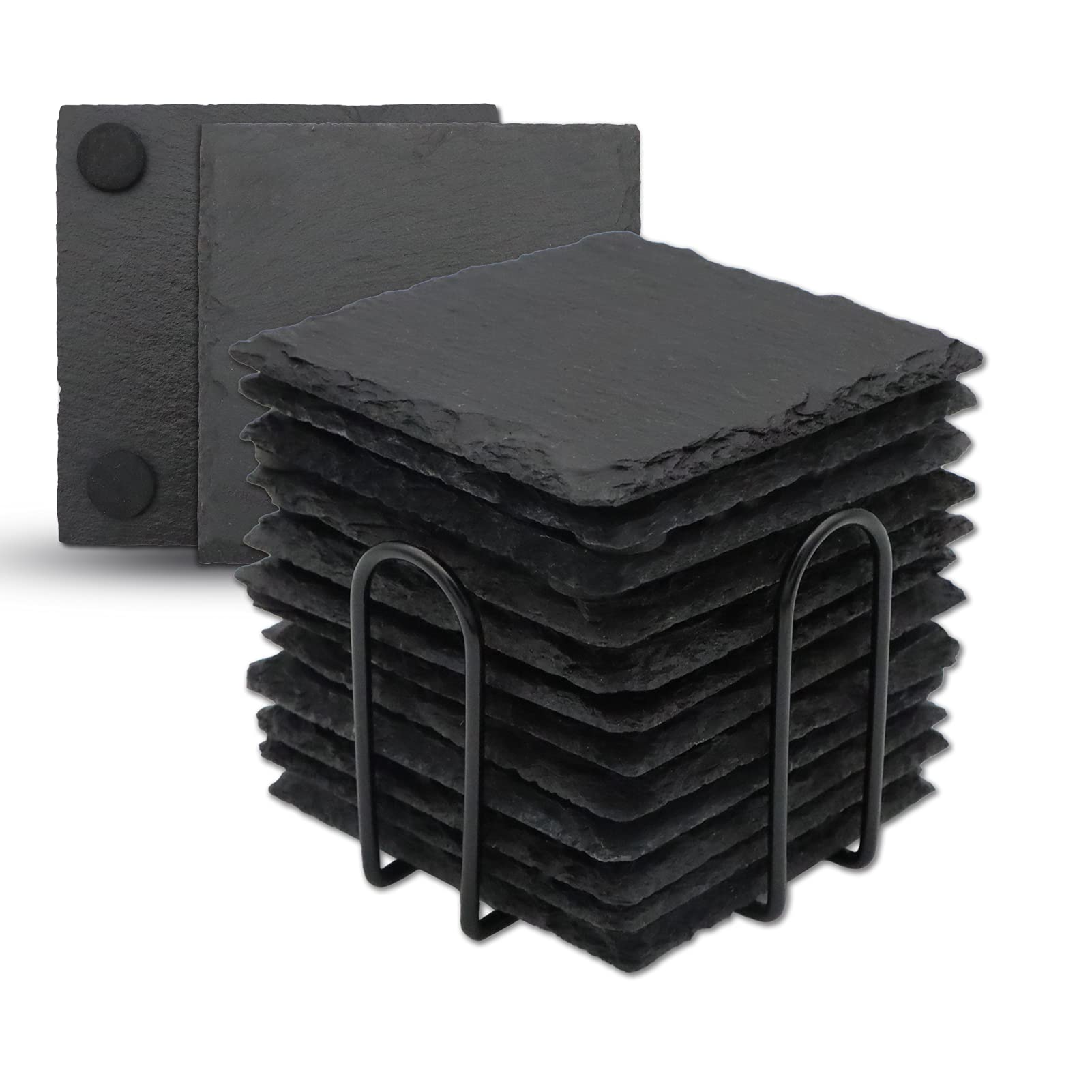 Photo 1 of 12 Pack Slate Drink Coasters with Metal Holder, VIBRATITE 4 Inch Black Slate Stone Coasters Bulk Laser Engraving Blanks with Anti-Scratch Bottom for Drink Coffee Bar Kitchen Home Decor, Square