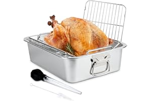 DOLAMOTY Dual Purpose Stainless Steel Turkey Roaster Roasting V Rack with Pan,15.6*11.6*4 inch Roasting Pan with 2 Rack(Flat Rack and Rib Rack) for Smoker Smoking/for Large Big Green Egg and Kamado Joe Etc