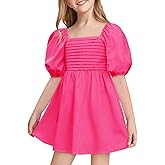 Haloumoning Girls Summer Dress Kids Square Neck Puff Sleeve A-Line Smocked Mini Dresses 5-14 Years