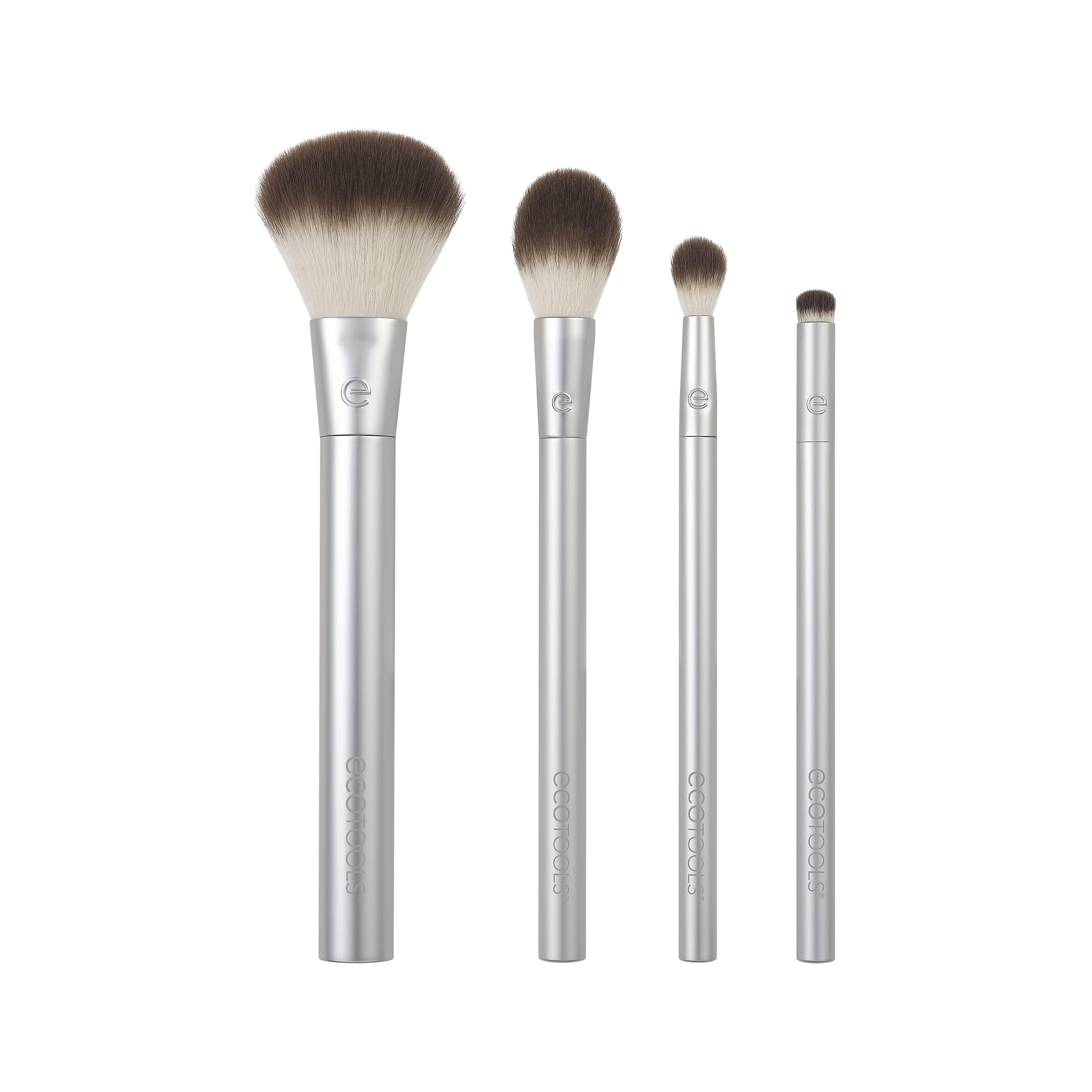 EcoTools Precious Metals Cheek & Eye Highlight Makeup Brush Kit, for Eyeshadow, Blush, & Powder Products, Eco Friendly, Vegan, Cruelty Free Face Brushes, Recycled Aluminum, Chrome, 4 Piece Set