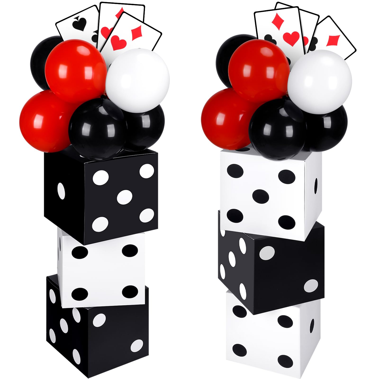 Photo 1 of Vertintong 60 Pcs Casino Themed Party Decorations Set 6 Pcs 11 Inch Large Casino Dice Favor Boxes 6 Jumbo Poker Cards Accessory 48 Pcs Red Black and White Balloon for Las Vegas Game Night Party Decor