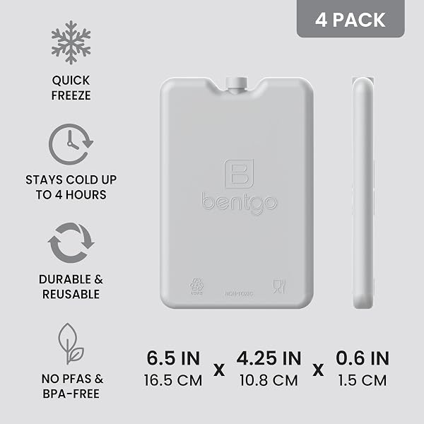 BENTGO CHILLERS ICE PACKS: SLIM, REUSABLE QUICK-FREEZE COOLING DESIGN KEEPS FOOD FRESH IN LUNCH BOXES, BAGS, & COOLERS FOR WORK, COLLEGE, CAMPING, & MORE; EASY TO CLEAN & CHILLS FAST; 4-PACK (GRAY)