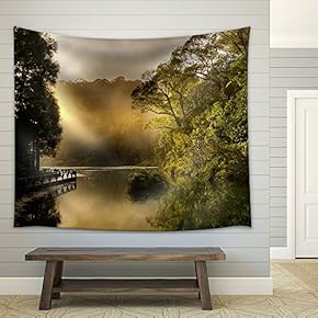 Landscape of Morning Sunrise with Lake and Forest. - Fabric Wall Tapestry Home Decor - 51x60 inches