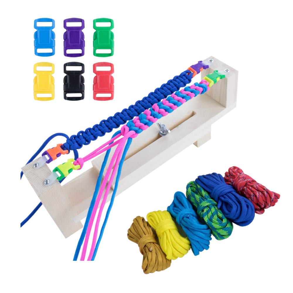Jig Bracelet Maker with Parachute Cord - Heavy Duty Buckles - Wristband Maker with 6 Paracord Hanks and 6 Quick Release Buckles - Paracord Braiding, Weaving, DIY, Craft, Tool Kit