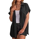 MaQiYa Womens Short Sleeve Button Down Shirts Casual Loose Fit Summer Shirt Blouses Tops with Pockets